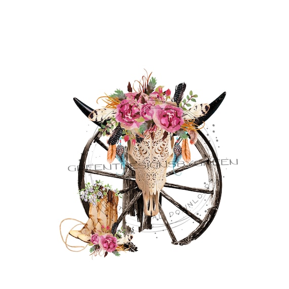 Western Cow Skull PNG, Cowboy Boots, Wagon Wheel, Rustic Clipart (Digital Download)