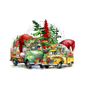 Kerst speelse vrachtwagen PNG voor sublimatie - kerstbomen, kerstcadeautjes vullen groene en gele vintage vrachtwagens - digitale download