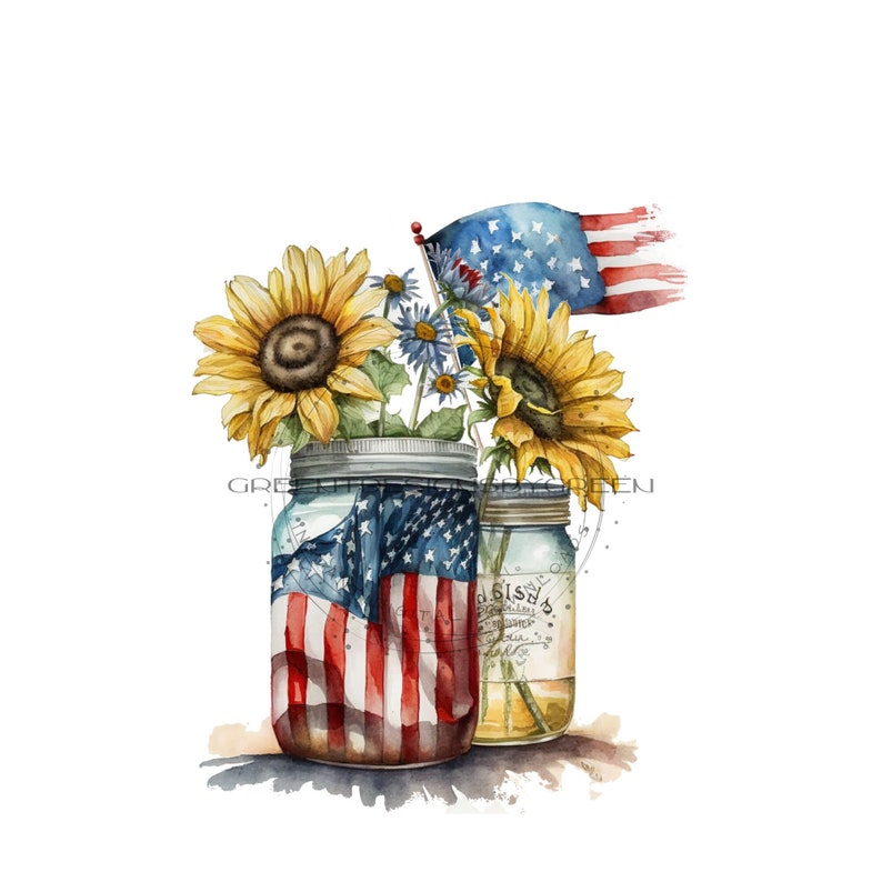 May include: Two glass jars with lids, decorated with an American flag design, filled with sunflowers and blue flowers. The jars are sitting on a white background.