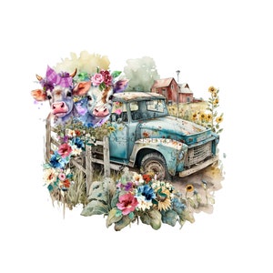 Koe PNG, twee koeien in vintage vrachtwagen omringd door wilde bloemen & grassublimatie, kalf clipart, bloem PNG-bestand, vrachtwagen sublimatie