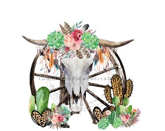 Rustikale Kuhschädel Sublimation PNG - Florale und saftige Akzente - Leopardenmuster Herzen - Digitaler Download