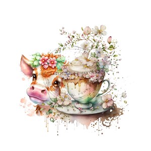 Schattige koe PNG, boerderijkoe in theekop omringd door wilde bloemen, koffiekop clipart, bloemsublimatie PNG, twee koeiensublimatie.