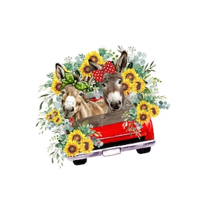 Vintage roter LKW mit Esel & Sonnenblumen Sublimation PNG - Rustikale Bauernhof Tier Clipart - Digitaler Download