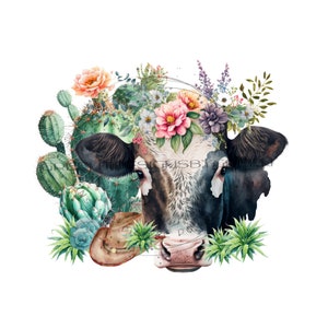 Black and white cow PNG, cactus sublimation, cacti Png graphics, cowboy hat clipart, Western image, cow PNG digital download, Western PNG