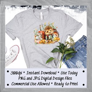 Cartoon Igel Herbst PNG - Vintage Ackerschlepper, Herbst Kürbisse, Wildblumen - Jeansjacke, Rucksack - Sublimationsdatei - Digitaler Download Bild 3