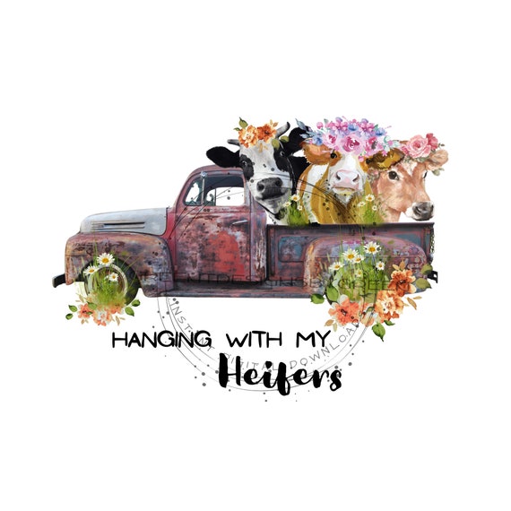 Cows in Rustic Truck PNG – Friendship Quote, Floral Design (Digital Download)