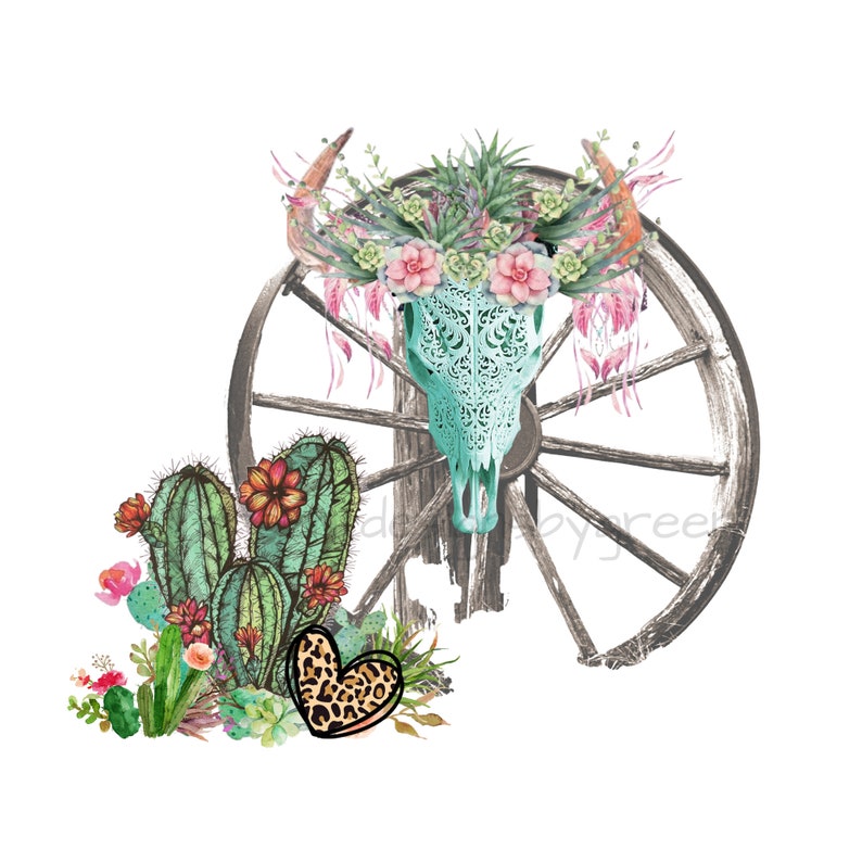 Western PNG, Rustic PNG featuring cow skull, cactus in the desert and wagon wheel. Pink & green details. Boutique BoHo png, clear waterslide 
