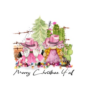 Gnomo Cowgirl "Feliz Natal para todos" Sublimação PNG, BoHo Western Design, Chapéu de Cowboy Rosa, Cacto, Arame Farpado - Download digital