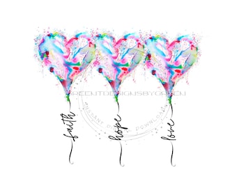 Pastel Heart Balloons Clipart - Faith, Hope, Love - Spiritual Sublimation PNG - Digital Download