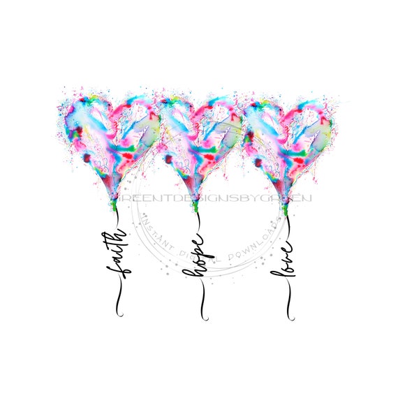Pastel Heart Balloons Clipart - Faith, Hope, Love - Spiritual Sublimation PNG - Digital Download