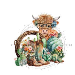 Fun Highland Cow Clipart - Comical Longhaired Cow with Glasses, Cacti, Rope Loop, Cowboy Boots, Wildflowers - PNG & JPG - Instant Download