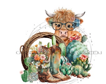 Fun Highland Cow Clipart - Comical Longhaired Cow with Glasses, Cacti, Rope Loop, Cowboy Boots, Wildflowers - PNG & JPG - Instant Download