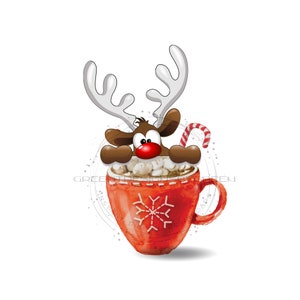 May include: A red mug with a snowflake design and a reindeer peeking out of the top. The reindeer has a red nose and is holding a candy cane.