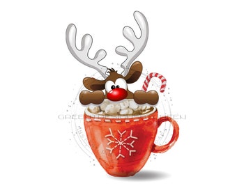 Santa's Rentier & heiße Schokolade Sublimation PNG - Rote Tasse mit Schneeflocke, Zuckerstange - Weihnachtsdesign - Digitaler Download