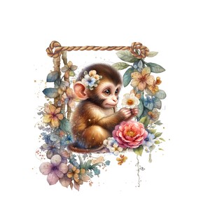 Imagem PNG de macaco, clipart de macaco balançando, flores silvestres PNG, download digital PNG, clipart de macaco, sublimação de macaco, sublimação de zoológico.