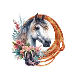 Clipart cheval floral - étalon blanc majestueux avec crinière noire et fleurs colorées - sublimation de corde vintage PNG - téléchargement numérique