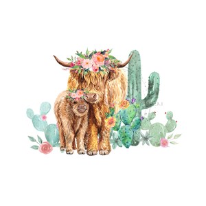 気まぐれな母と子のクリップアート - 愛情の絆、心温まるイラスト - 昇華PNGとJPG - ハイランド牛の即時ダウンロード