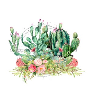 Cactus en pot Clipart - Cactus, Fleurs, Couronne florale - Sublimation PNG - JPG imprimable - Téléchargement numérique