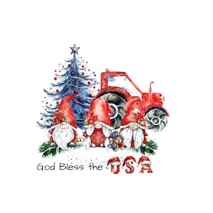 Clipart Noël patriotique, « God Bless the USA », gnomes, sapin de Noël bleu, tracteur rouge vintage, sublimation PNG, téléchargement numérique