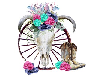 Rustic Cow Skull PNG | Western Boho Flowers (Digital Download)