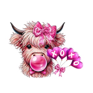 Vaca de las Tierras Altas PNG de San Valentín para sublimación, globo rosa PNG, diseño de San Valentín "XOXO", sublimación de San Valentín occidental, imagen de alta resolución