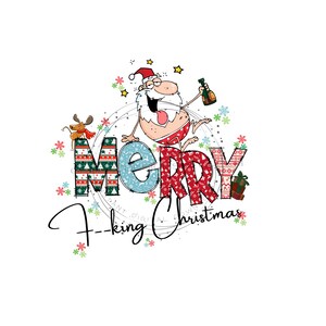 Drunk Santa Clipart - Testo con motivi "Merry F --king Christmas" - Clipart irriverente - Download digitale