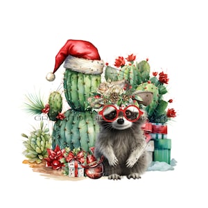 Whimsical Raccoon Cowboy Clipart - Diseño de sublimación de Navidad occidental - Cactus navideño, sombrero de vaquero - Descarga digital PNG de alta resolución
