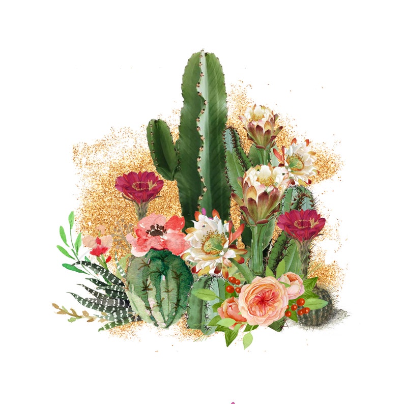 K&ouml;nnte beinhalten: Ein Aquarellbild eines Kaktus-Arrangements mit rosa, roten und wei&szlig;en Bl&uuml;ten. Die Kakteen sind gr&uuml;n und haben einen goldenen Glitzer-Hintergrund.