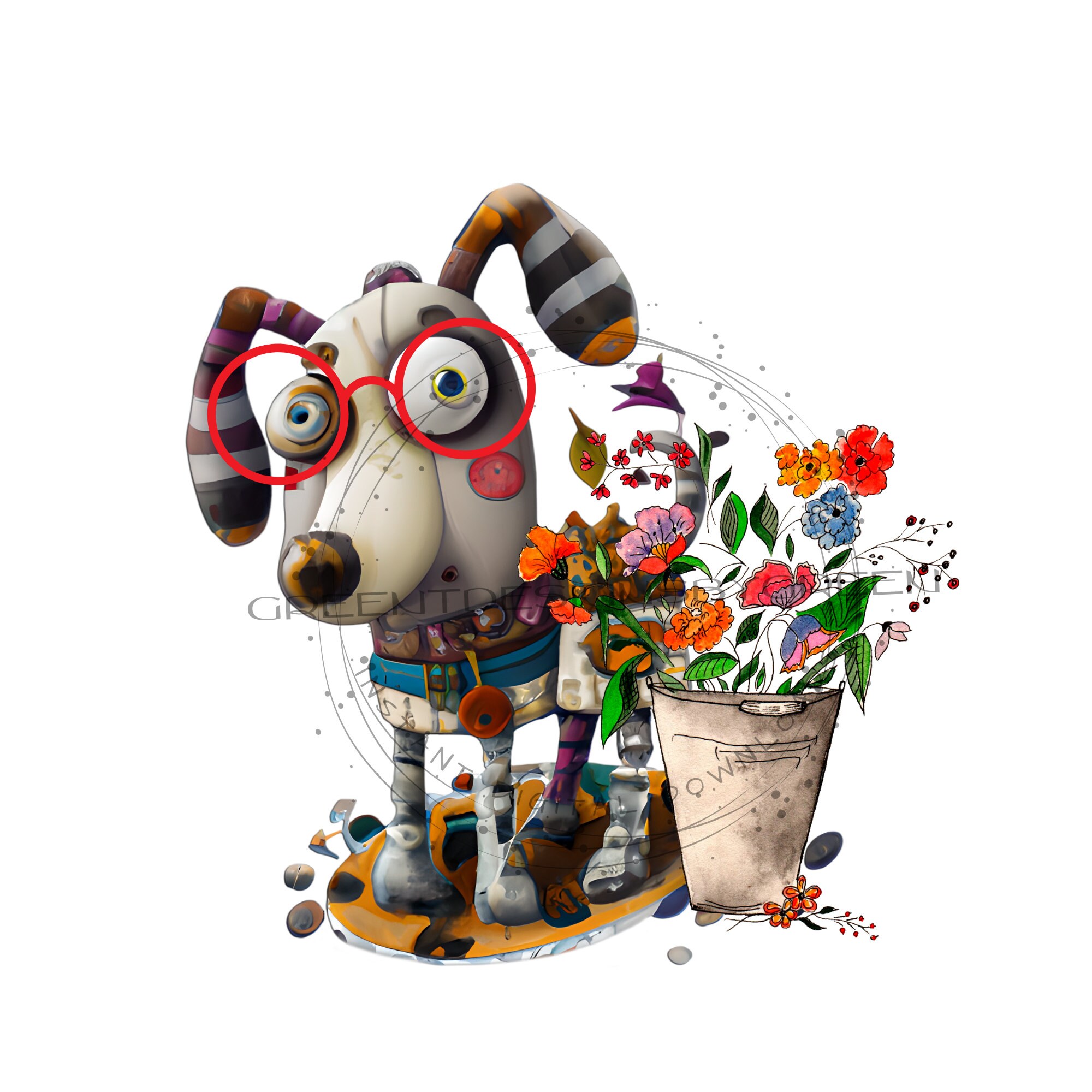 Puppy Dog PNG file, cute dog sublimation, mechanical dog in field of wildflowers, abstract puppy sublimation, dog PNG, Love dogs clipart.