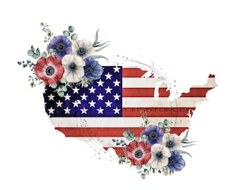 Distressed American Flag USA Map PNG, Floral Design (Digital Download)