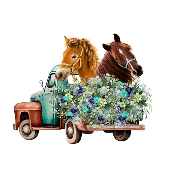 Whimsical Horse and Vintage Truck Clipart - Floral Display - Sublimation PNG & Printable JPG - Instant Download