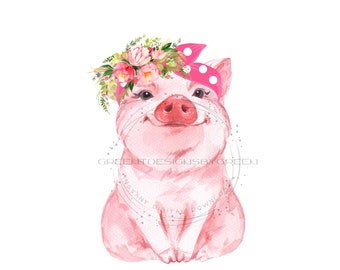 Pink Pig Clipart – Floral Polka Dot Bow, Cheerful Design (PNG JPG Digital Download)