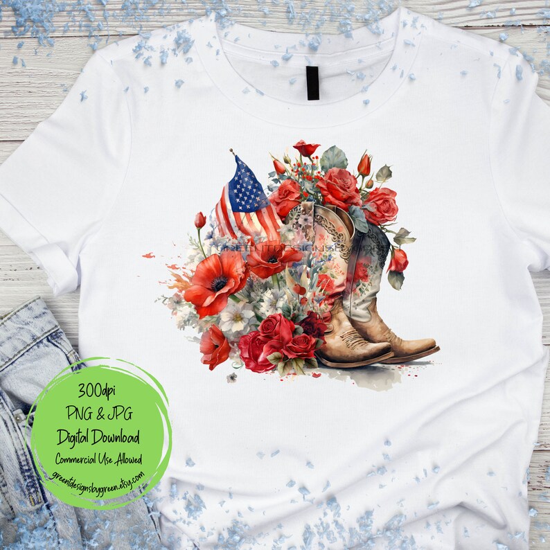 May include: A digital download of a watercolor painting of a pair of brown cowboy boots with red, white, and blue flowers and an American flag. The text "300dpi PNG & JPG Digital Download Commercial Use Allowed" is in a green circle.