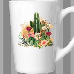 K&ouml;nnte beinhalten: Wei&szlig;e Keramiktasse mit einem Design aus Kaktus und Blumen in Rosa-, Rot- und Gr&uuml;nt&ouml;nen. Das Design ist von goldenem Glitzer umgeben.