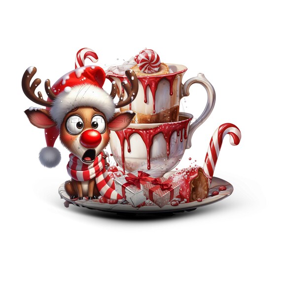 面白いクリスマスのトナカイのクリップアート、ホットチョコレートマグ