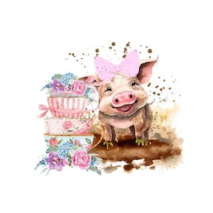 Fröhliches Schwein PNG Download, Vintage Stapel pastellfarbener Teetassen PNG zur Sublimation, glückliches, lustiges Schwein mit übergroßer rosa Schleife Clipart PNG.