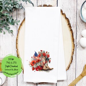 May include: A digital download of a watercolor illustration of a pair of cowboy boots with red poppies and a small American flag. The boots are brown with white stitching and the flag is red, white, and blue. The background is white.