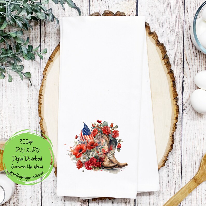 May include: A digital download of a watercolor illustration of a pair of cowboy boots with red poppies and a small American flag. The boots are brown with white stitching and the flag is red, white, and blue. The background is white.
