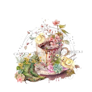 Vintage Teetasse PNG, Aquarell Teetasse Sublimation, Cowboystiefel Png, Entlein PNG Design, Kaffeetasse PNG, Teetasse mit Blumen Sublimation