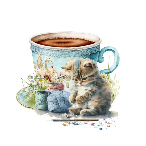 BoHo Kitten & Teacup Sublimation PNG - Knitting Yarn and Needle - Prairie Grass Accents - Cat Lover Clipart - Digital Download