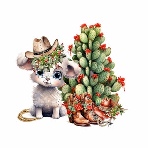 Whimsical Lamb Cowboy Clipart - Western Cactus Christmas Tree Sublimation Design - Sheep, Cowboy boots, hat, holly - PNG Digital Download