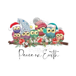 Cute Christmas Owls PNG - 'Peace on Earth' - Owls wearing Winter Hats & Santa Hats - Flower Accents - Sublimation Clipart - Digital Download