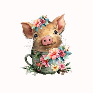 Téléchargement PNG de cochon rose, sublimation de clipart de porcelet, sublimation de tasse de thé vintage, clipart de cochon, sublimation de ferme, cochon PNG.