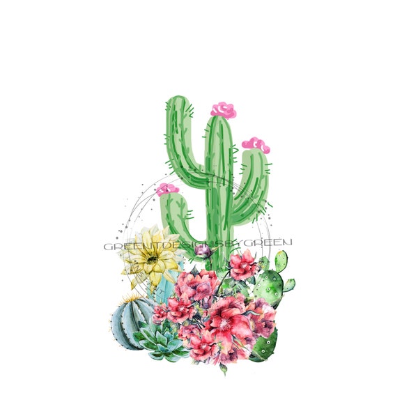 Desert Cactus & Vibrant Pink Flowers Sublimation PNG - Southwestern Scene - Digital Download