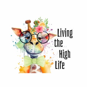 Girafe colorée inspirante des cliparts - « Vivez la grande vie » - Girafe arc-en-ciel avec des lunettes surdimensionnées - Sublimation PNG Instant Download PNG