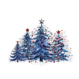 Sapin de Noël bleu vacances PNG pour sublimation - Clipart patriotique de sapin de Noël - téléchargement numérique