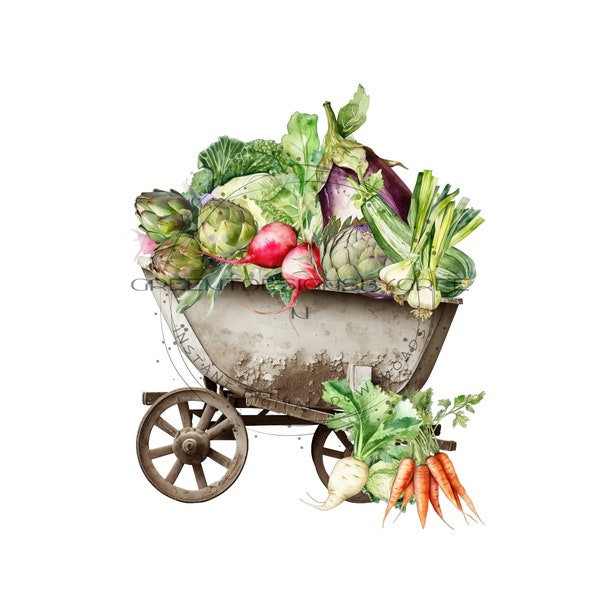 Vintage Wheelbarrow Garden Harvest Sublimation PNG.  Clipart with artichoke, radishes, eggplant & cabbage. Digital Download