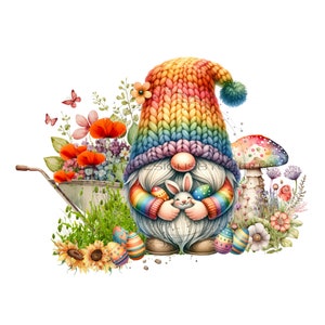 Adorabile gnomo arcobaleno e carriola rustica piena di fiori sublimazione PNG - fungo da giardino PNG - Gnome PNG Clipart -Easy Digital Download