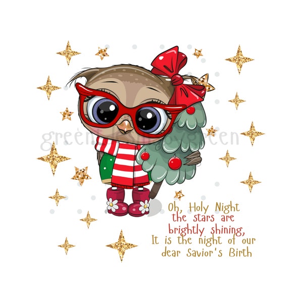 Whimsical Christmas Owl & Stars Sublimation PNG - 'Oh Holy Night' - Owl w/ Hairbow, Scarf, Eyeglasses - Christian Lyrics - Digital Download