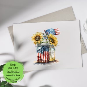May include: Two mason jars with an American flag design and sunflowers. The jars are sitting on a white background.